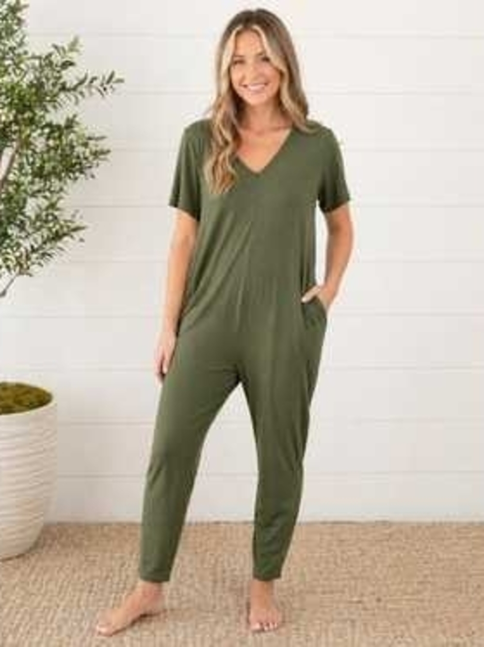 Smash + Tess Olive V-Neck Short Sleeve Jumpsuit
